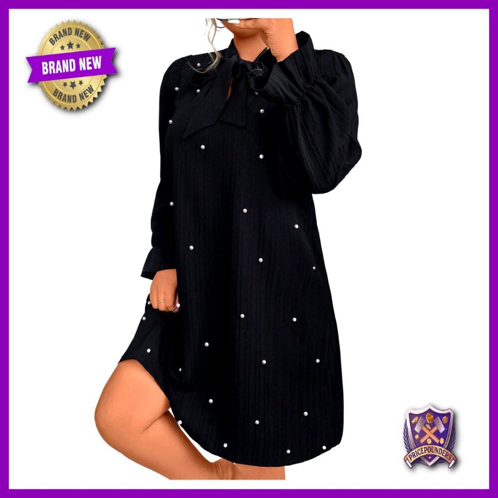 Plus Size Pearl Beaded Tie Neck Long Sleeve Casual Work Dress